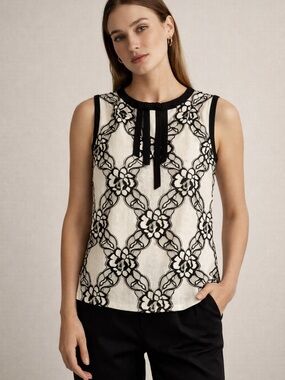 Karl Lagerfeld Paris Lace Blouse Black & Cream Sleeveless Bow Detail Size S